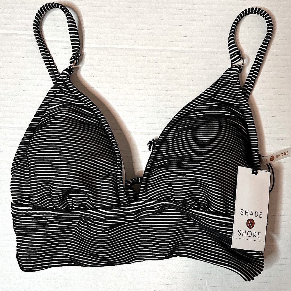 Shade & Shore Black White Striped Textured Longline Bikini Top New!!